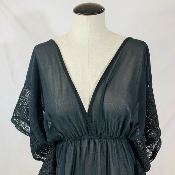 Beach Sheer Cover Up Dress Size Small Black Ruffle VNeck - Picture 2 of 12